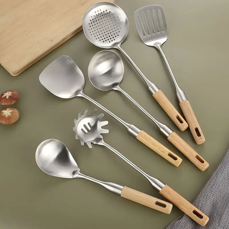 Set Of 6 Stainless Steel Kitchen Utensils With Wooden Handles