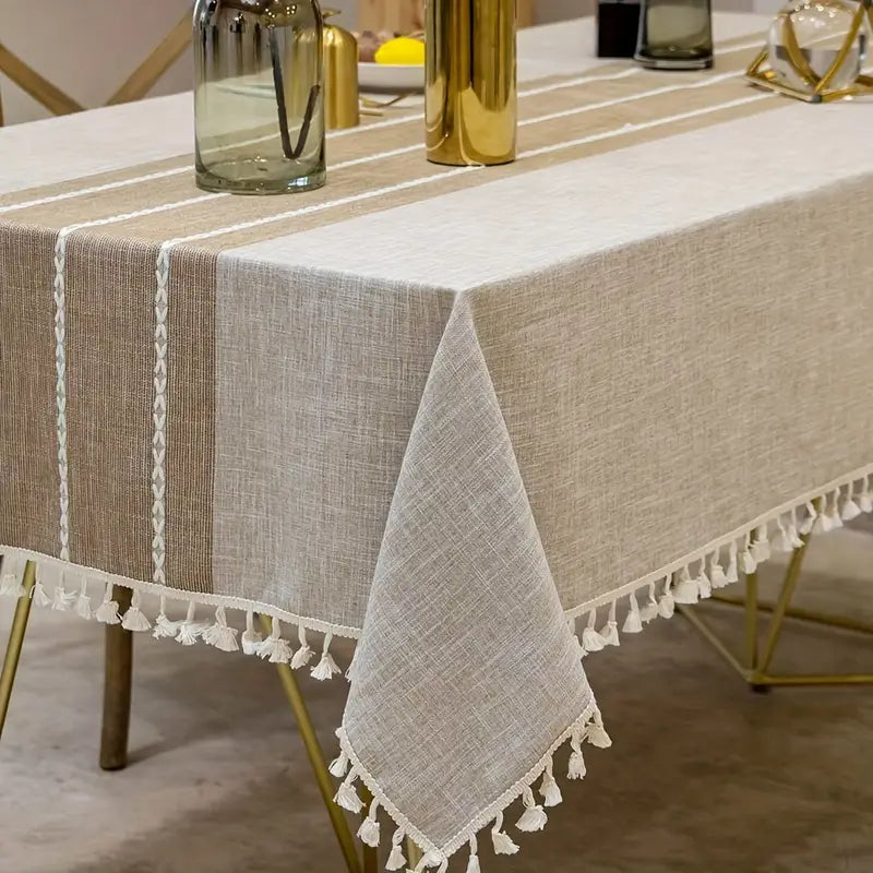 pc Elegant Linen Coffee Tassel Tablecloth