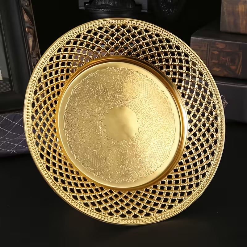 1pc Burronwood Elegant Golden Metal Fruit Bowl with Intricate Lacework Design