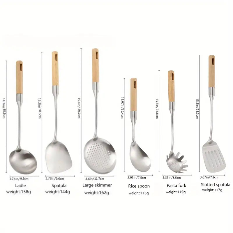 Set Of 6 Stainless Steel Kitchen Utensils With Wooden Handles