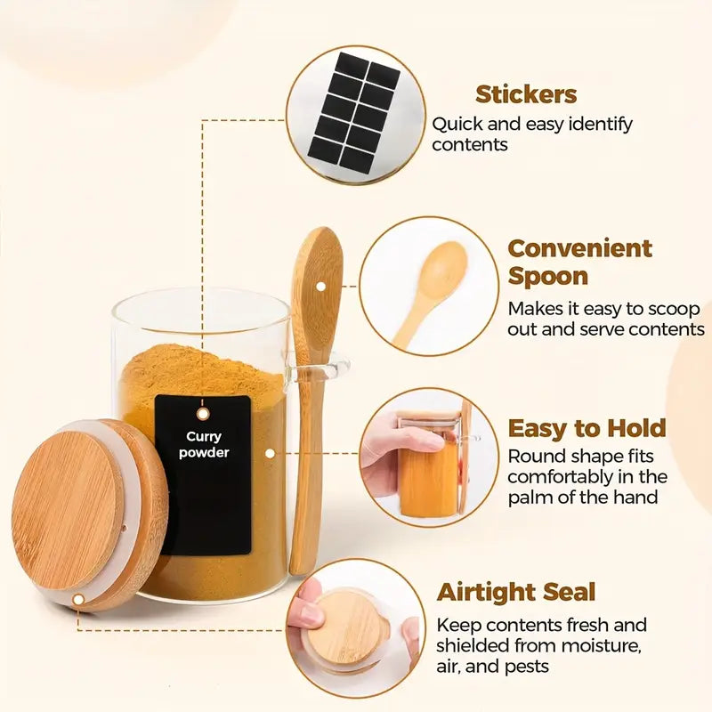 6pcs Airtight Plastic Spice Jars with Bamboo Lids &amp; Spoons