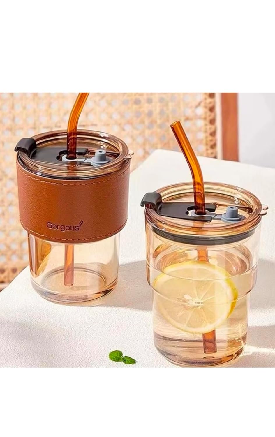 Urban Crafters Glass Tumbler with Straw, Orange Leather Sleeve, 500ml