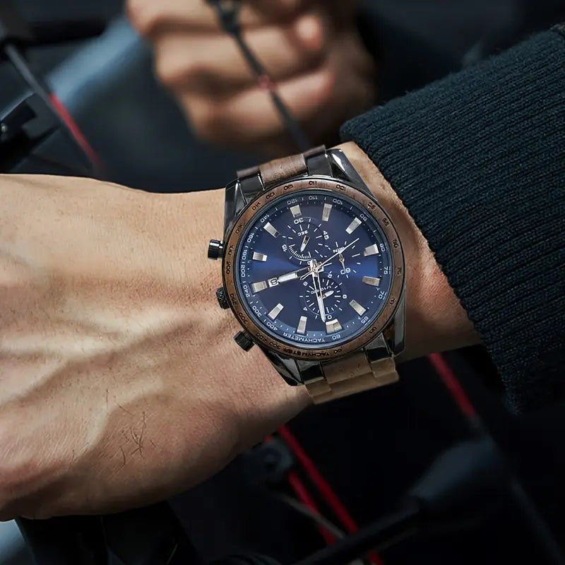 Men'S Wooden Wristwatch with Blue Dial