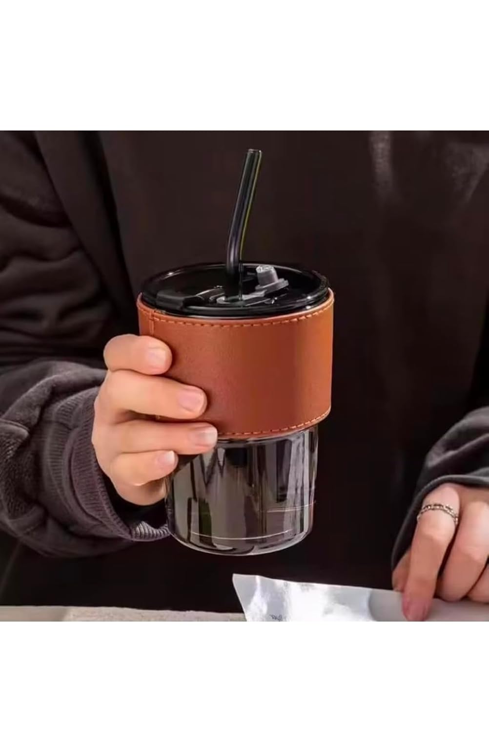 Urban Crafters Glass Tumbler with Straw, Orange Leather Sleeve, 500ml