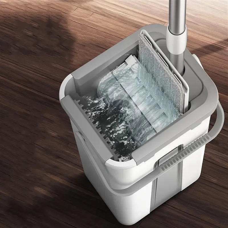 Wet and Dry Mop Set, Flat Mop with Built-in Scraper and Bucket