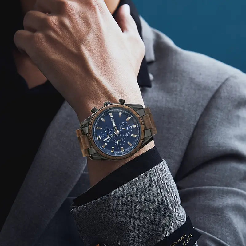 Men'S Wooden Wristwatch with Blue Dial