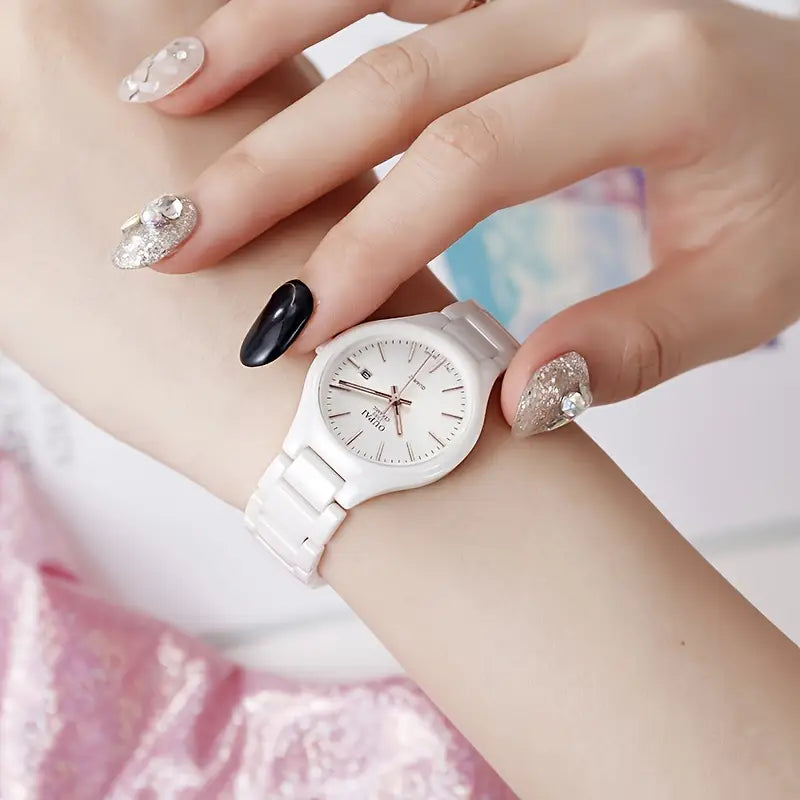 OUPAI Round dial watch, Women's ceramic strap
