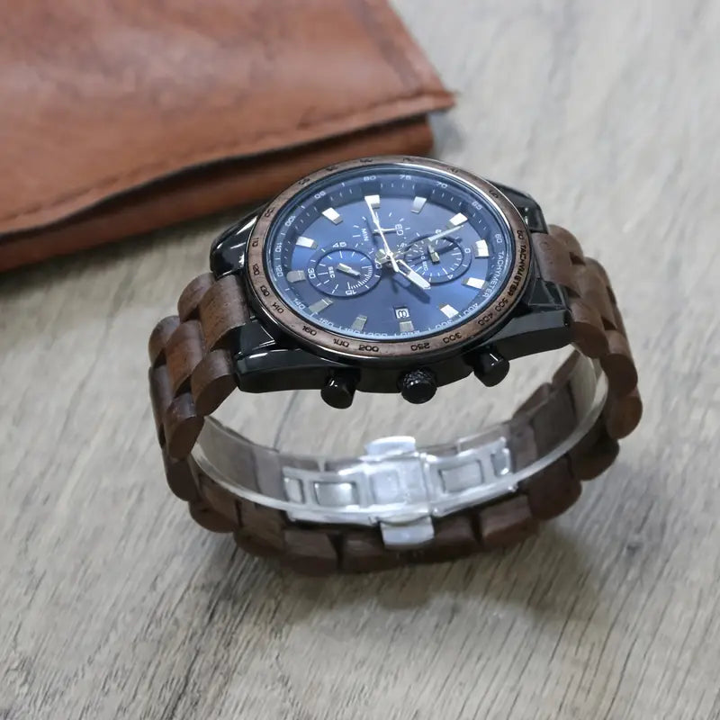 Men'S Wooden Wristwatch with Blue Dial