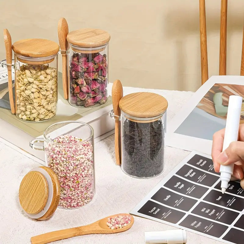 6pcs Airtight Plastic Spice Jars with Bamboo Lids &amp; Spoons