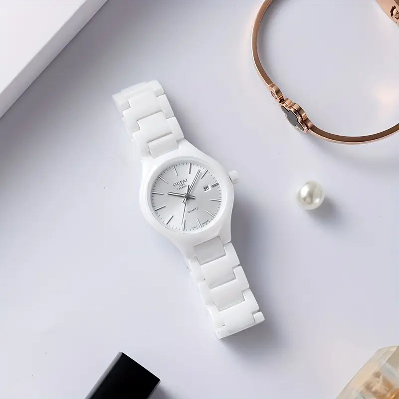 OUPAI Round dial watch, Women's ceramic strap