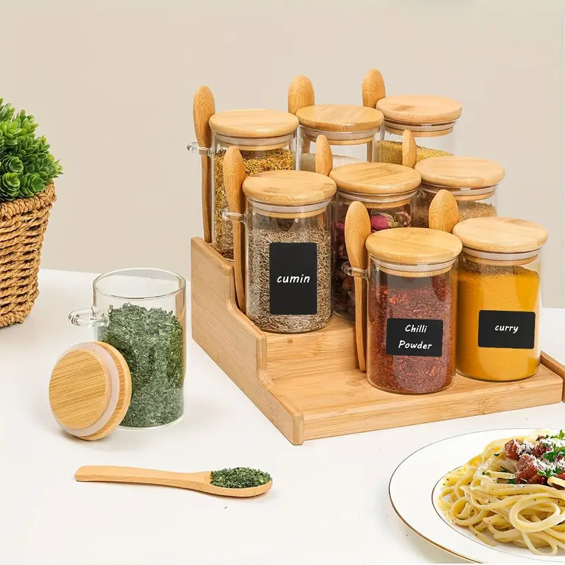 6pcs Airtight Plastic Spice Jars with Bamboo Lids &amp; Spoons