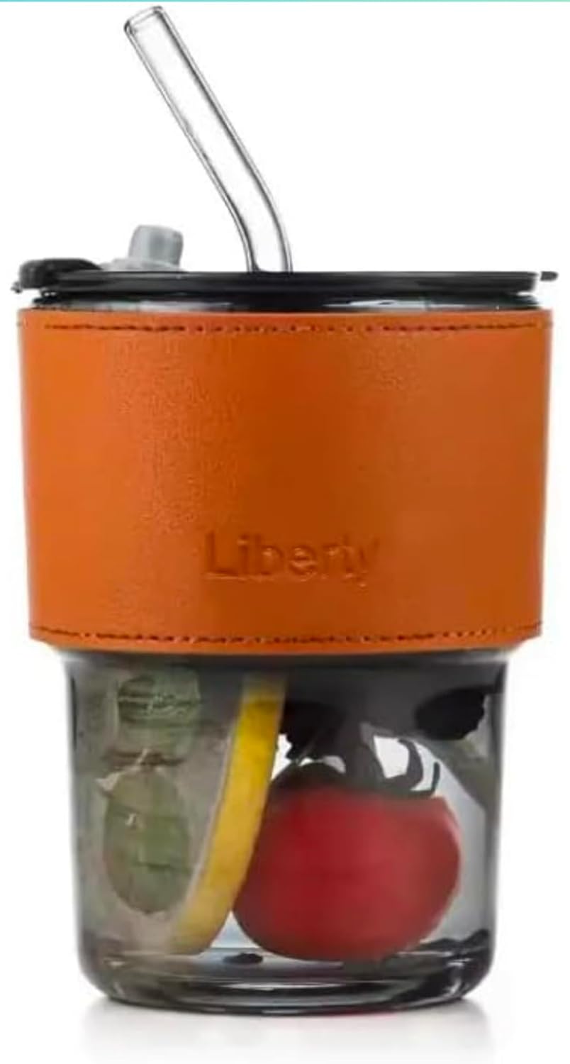 Urban Crafters Glass Tumbler with Straw, Orange Leather Sleeve, 500ml
