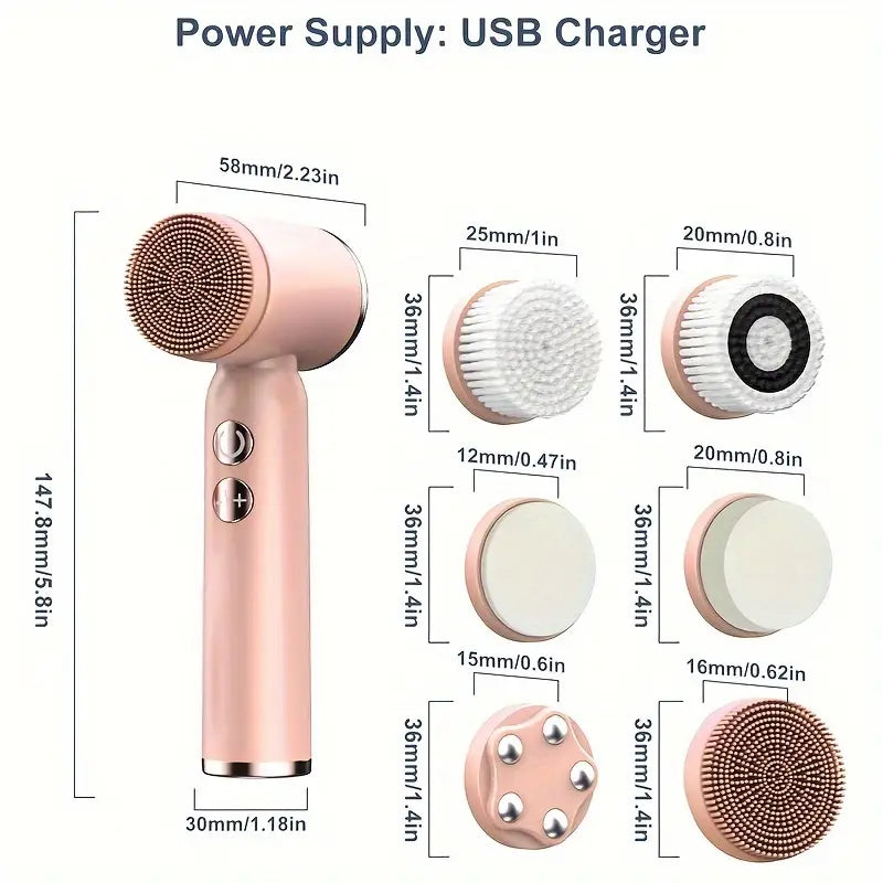 6-In-1 Facial Cleansing Brush, USB Rechargeable Face Scrub Brush for Cleansing