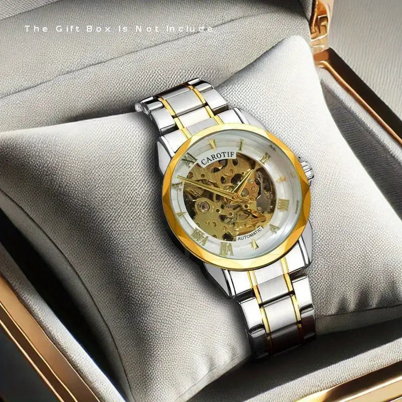 1pc Men'S Golden-Tone Zinc Alloy Mechanical Watch