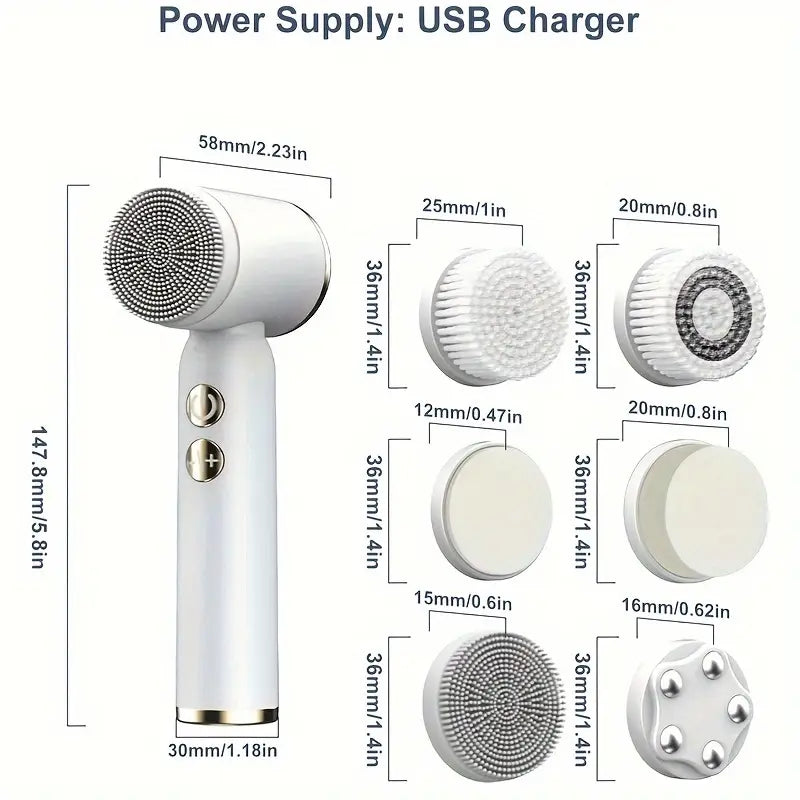 6-In-1 Facial Cleansing Brush, USB Rechargeable Face Scrub Brush for Cleansing
