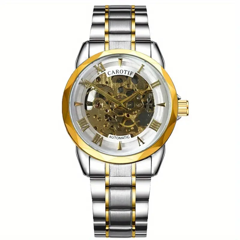1pc Men'S Golden-Tone Zinc Alloy Mechanical Watch
