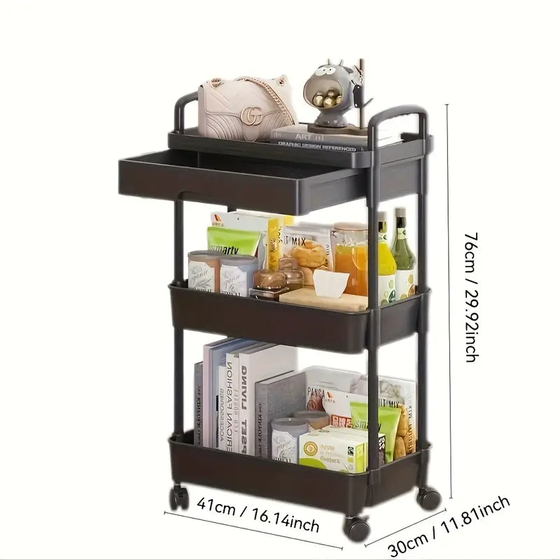 Available in 3 colors, four-layer durable plastic rolling cart