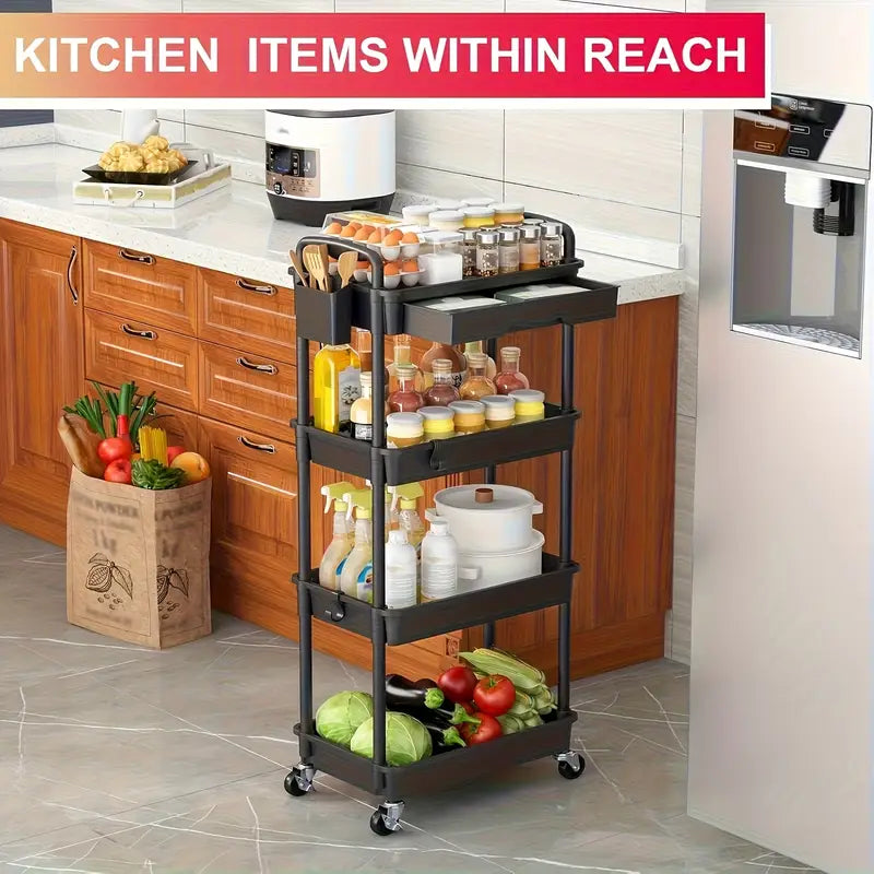 Available in 3 colors, four-layer durable plastic rolling cart