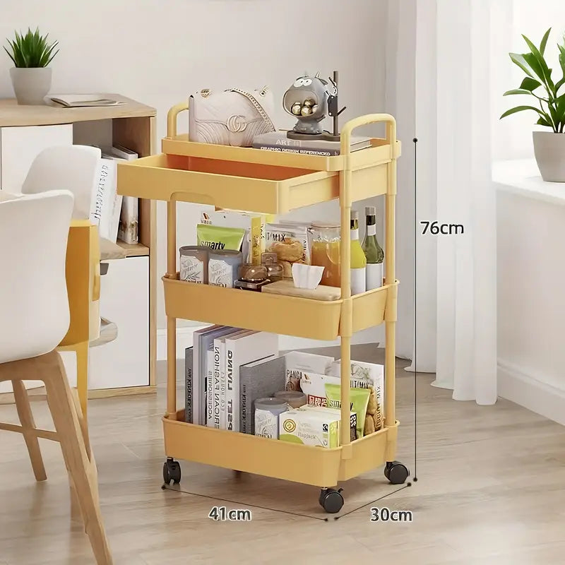 Available in 3 colors, four-layer durable plastic rolling cart