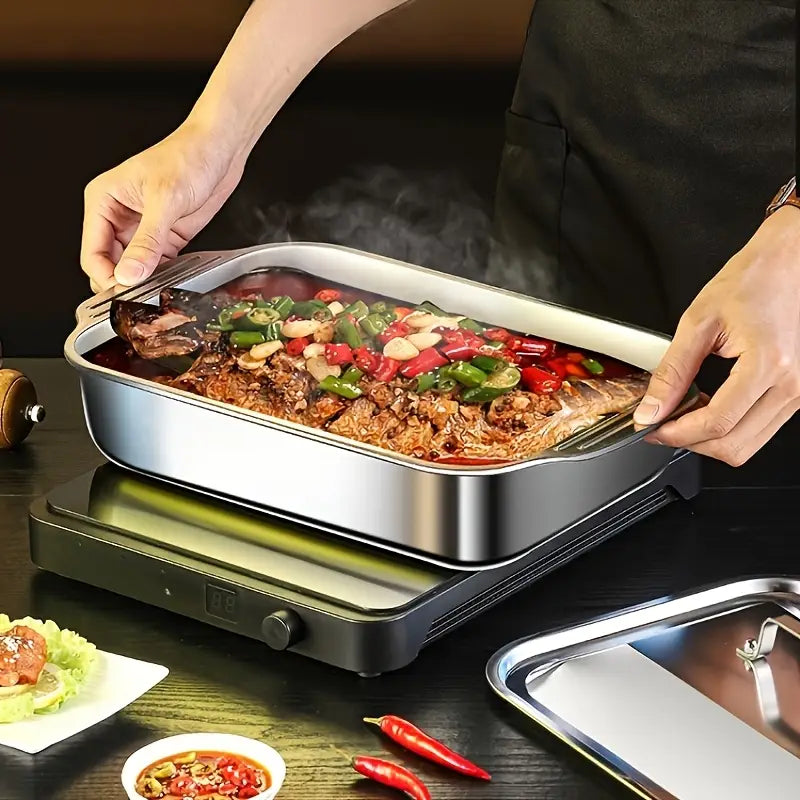 Stainless steel baking pan with glass lid