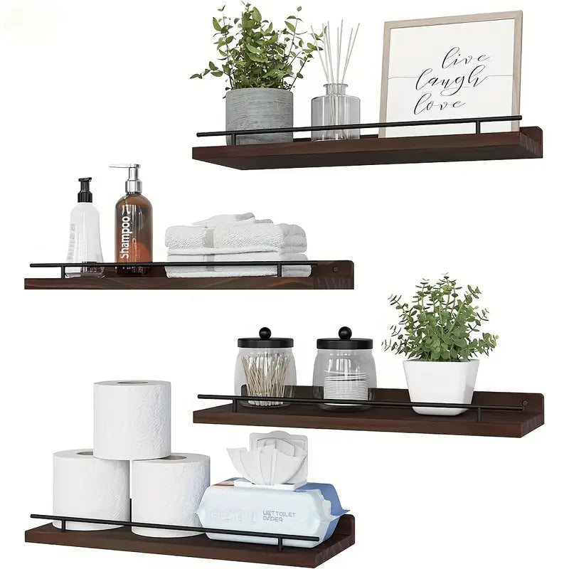 4pcs Wall Shelves with Wooden Partitions And Metal Guardrails