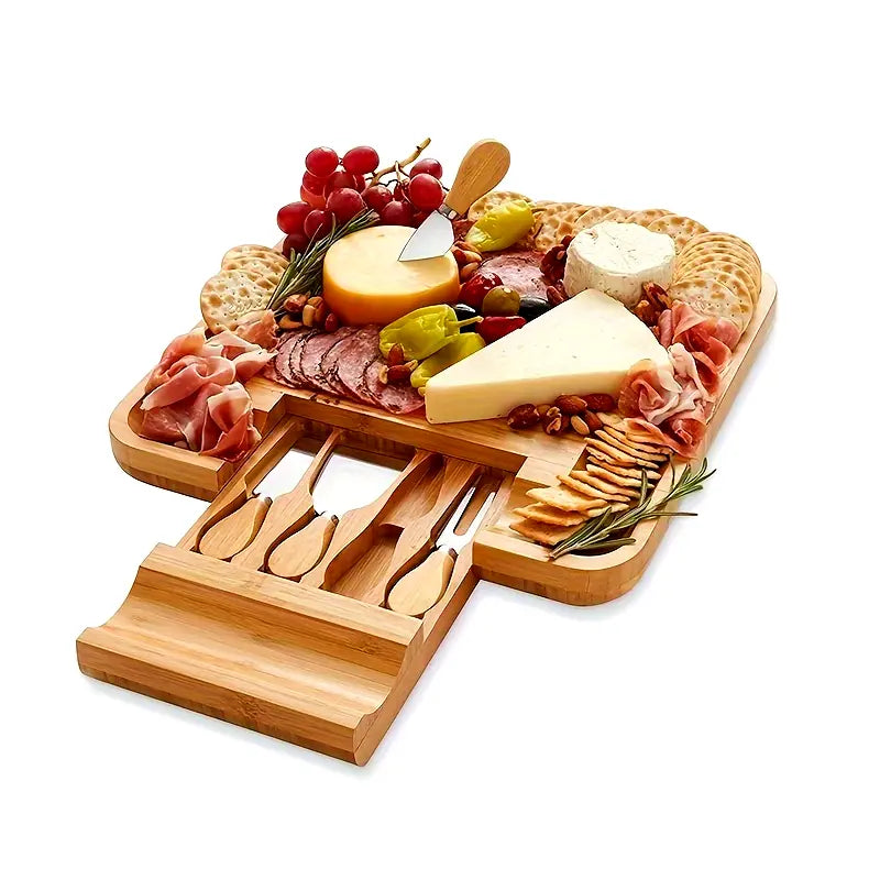 Bamboo Charcuterie Platter & Cheese Serving Tray with Slide-Out Drawer