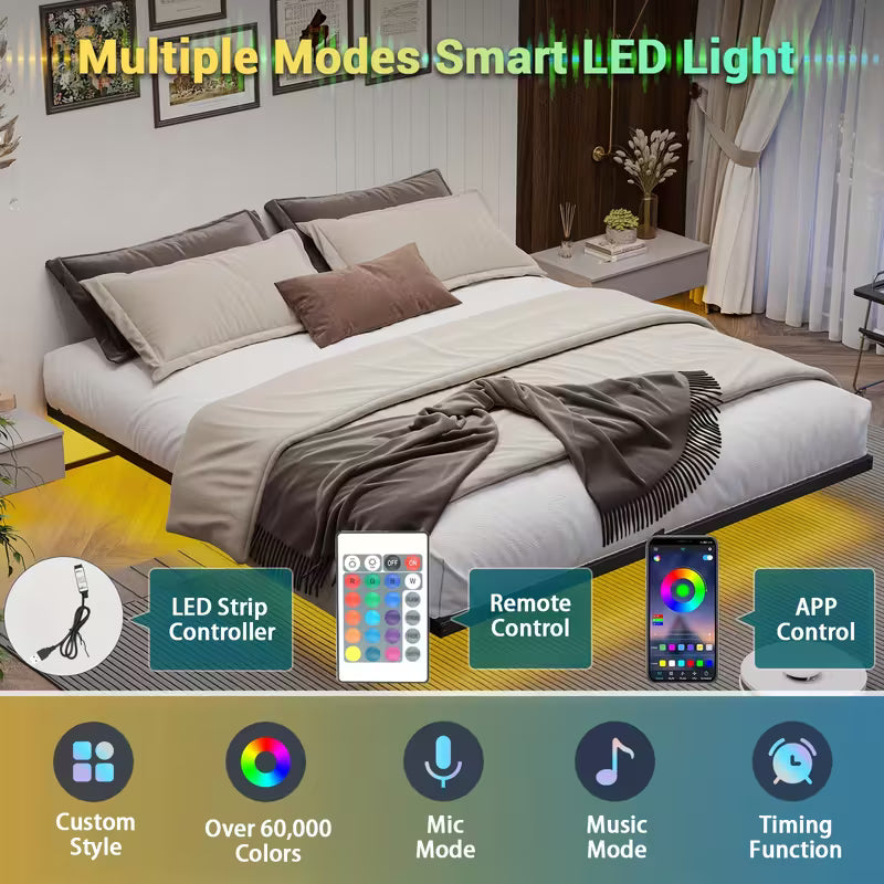 Yanara Floating Bed Frame with Smart LED Lighting &amp; Charging Station