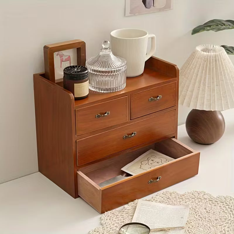 Solid New Zealand Pine Wood Organizer with 2 Drawers &amp; Open Shelf