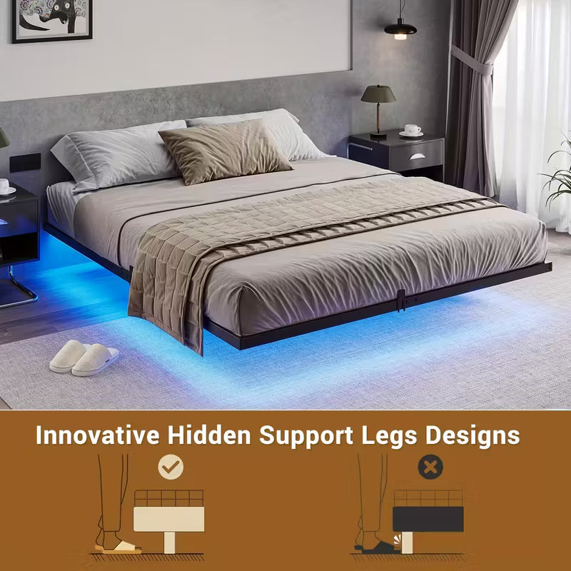 Yanara Floating Bed Frame with Smart LED Lighting &amp; Charging Station