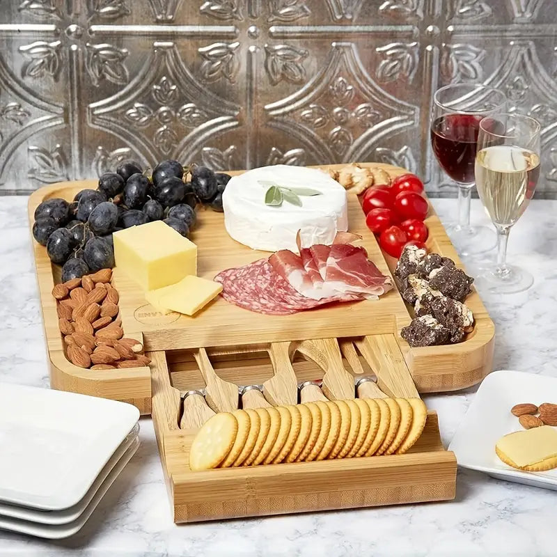 Bamboo Charcuterie Platter & Cheese Serving Tray with Slide-Out Drawer