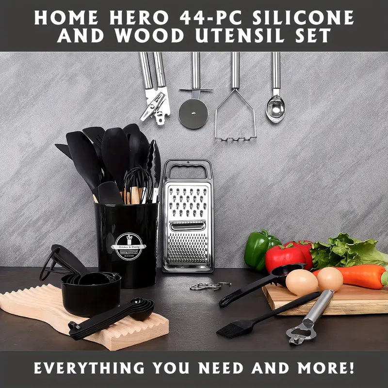 44pcs Silicone Kitchen Utensil Set with Non-Stick Wooden Handles