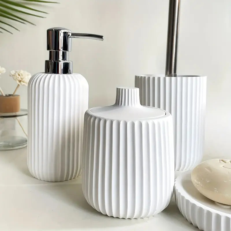 A Five-Piece Set Including Black And White Striped Lotion Bottles