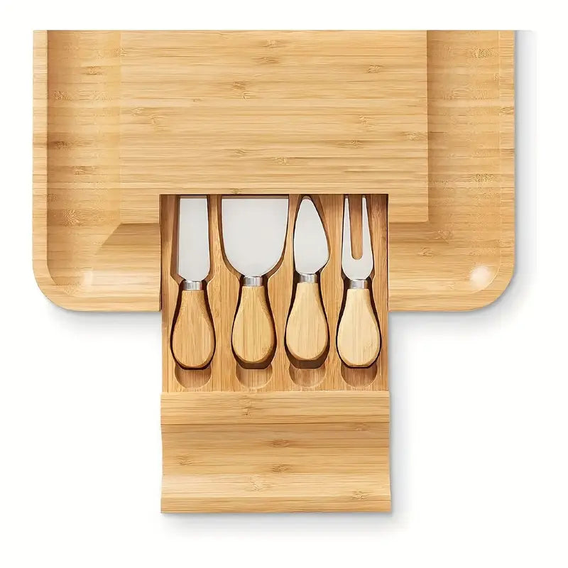 Bamboo Charcuterie Platter & Cheese Serving Tray with Slide-Out Drawer