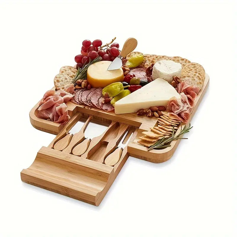 Bamboo Charcuterie Platter & Cheese Serving Tray with Slide-Out Drawer
