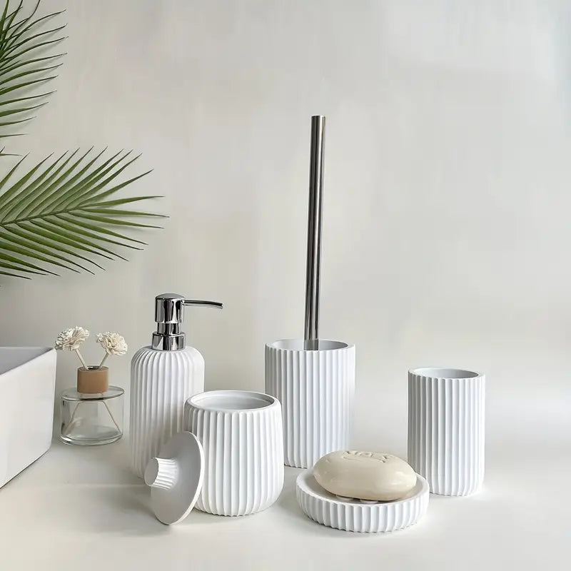 A Five-Piece Set Including Black And White Striped Lotion Bottles