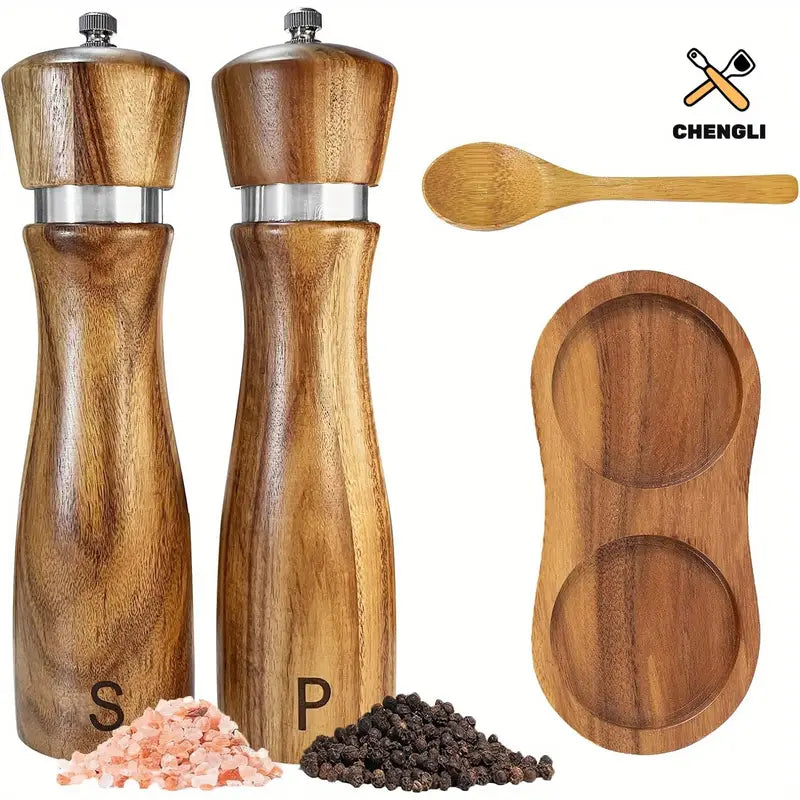 4-Piece Acacia Wood Salt and Pepper Grinder Set