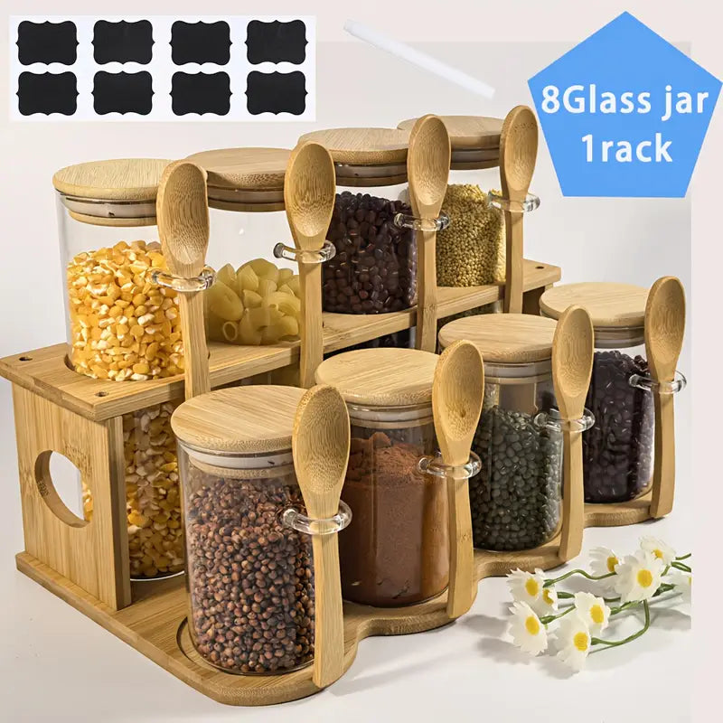 Set of 9 (8 Glass Storage Jars with Lids And 1 Rack) with Spoon