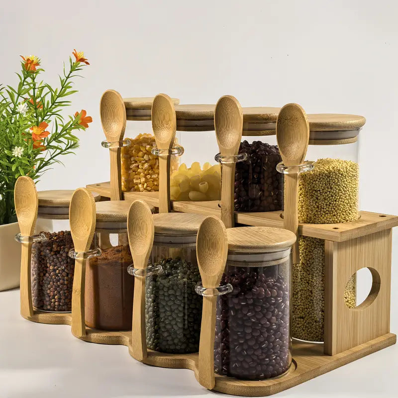 Set of 9 (8 Glass Storage Jars with Lids And 1 Rack) with Spoon