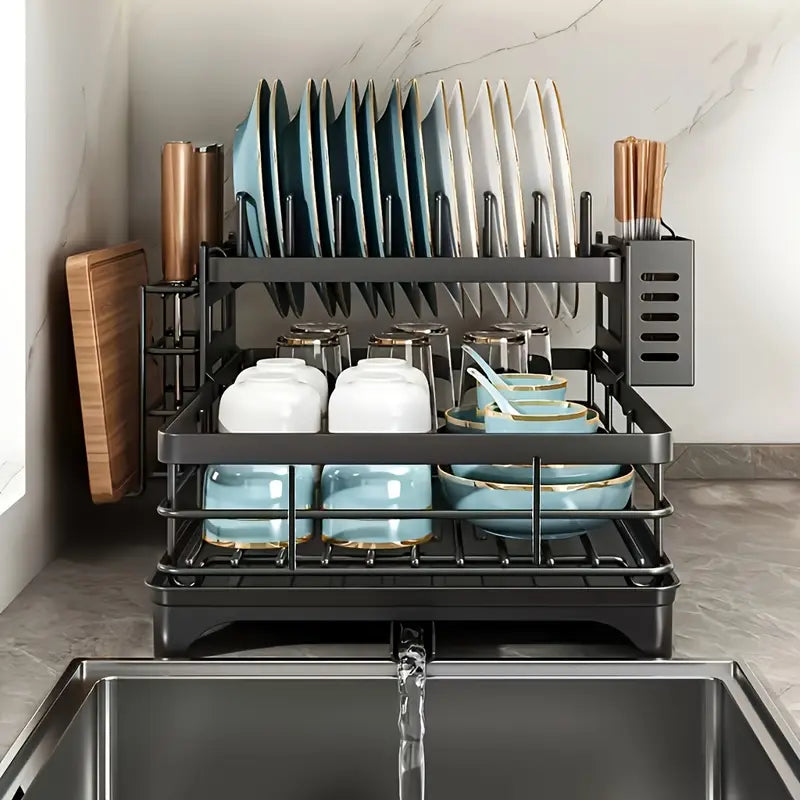 2-Tier Black Iron Kitchen Dish Rack - Large Capacity Organizer