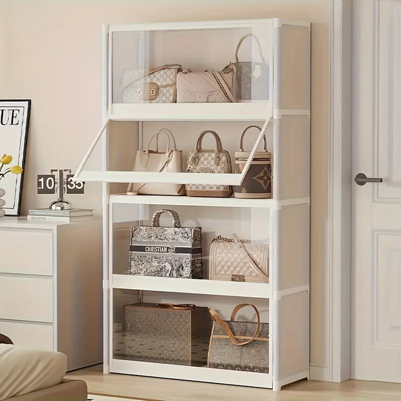 4-Tier White Metal Storage Cabinet with Flip-Door Mechanism & Dustproof Design