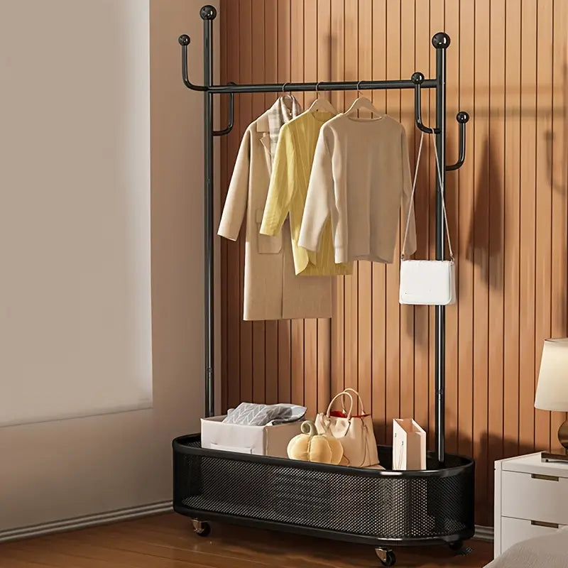 Single Rod Hanger with Wheels, 4 Hooks for Coats and Hats