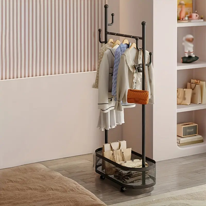 Single Rod Hanger with Wheels, 4 Hooks for Coats and Hats