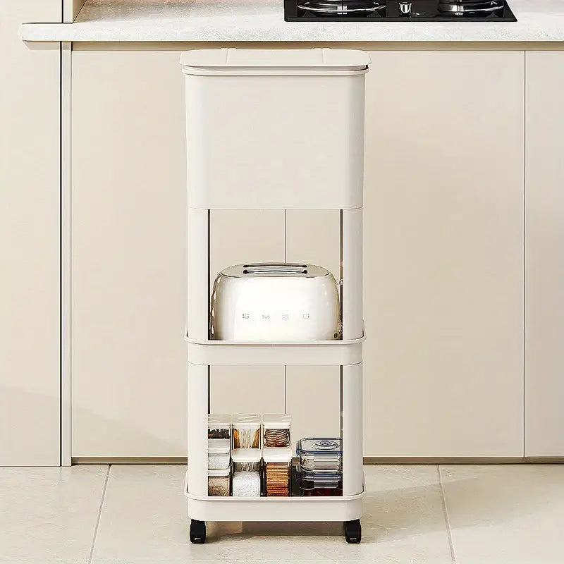 3-Tier Kitchen Trash Can with Storage Rack - Quiet Closing Lid