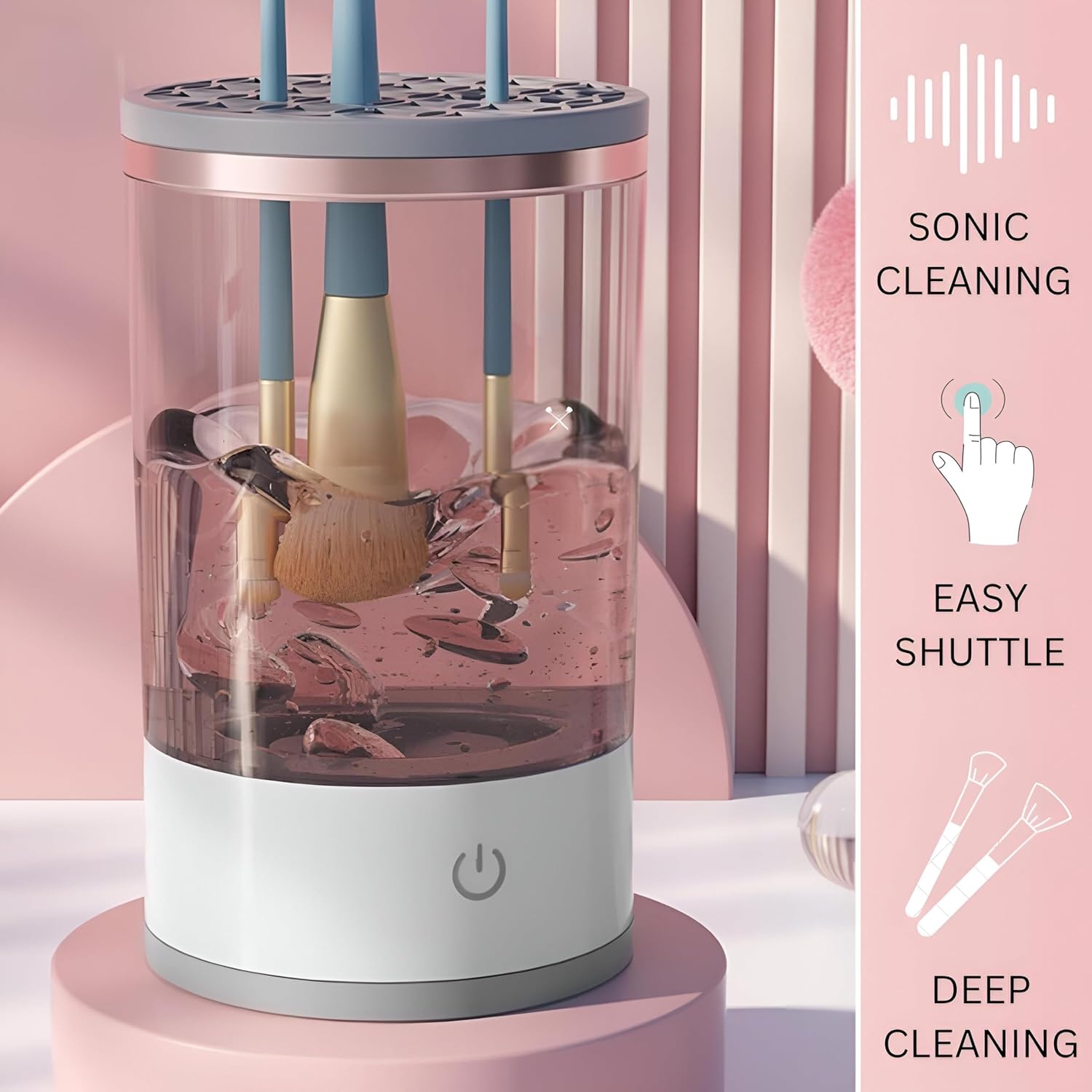 Advanced makeup brush cleaner gentle on bristles comes with a brush holder that removes makeup residue, oil, and impurities for enhanced hygiene
