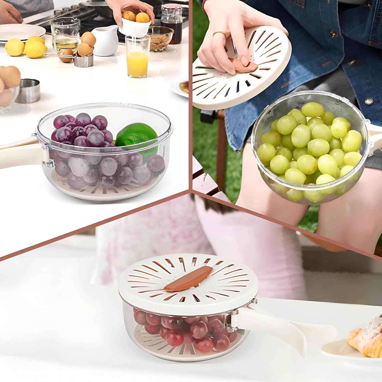 2-in-1 kitchen colander and bowl with foldable handle for easy storage. Ideal for washing fruits and vegetables with a space-saving design.