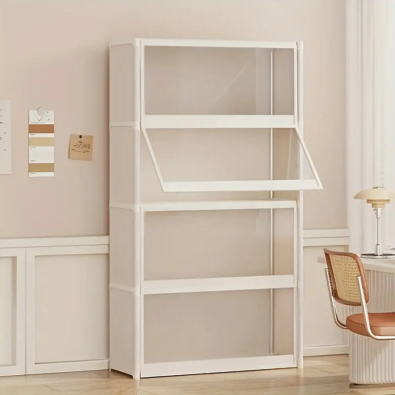 4-Tier White Metal Storage Cabinet with Flip-Door Mechanism & Dustproof Design