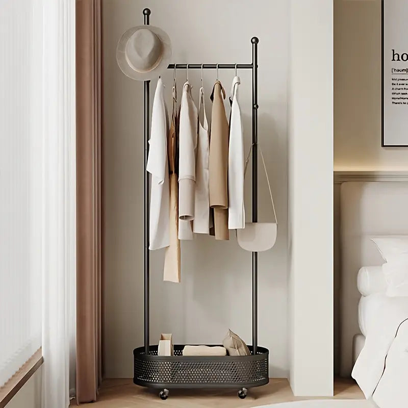 Single Rod Hanger with Wheels, 4 Hooks for Coats and Hats