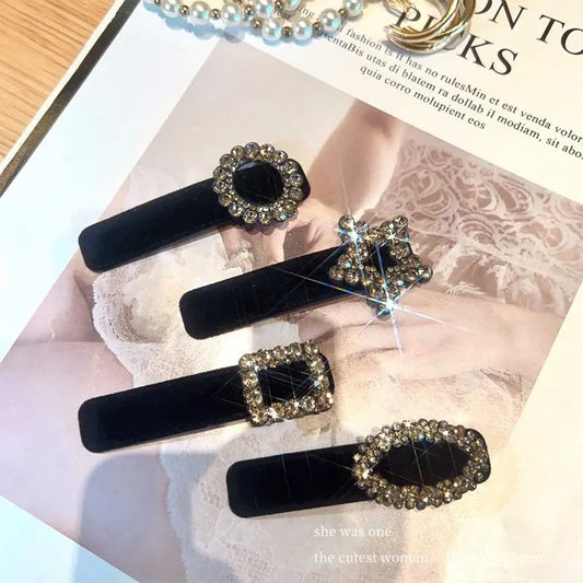 High Quality Velvet Fabric with Crystal Hairpin Korea Cute Black Color BB Clip Bangs Clip Hair Accessories